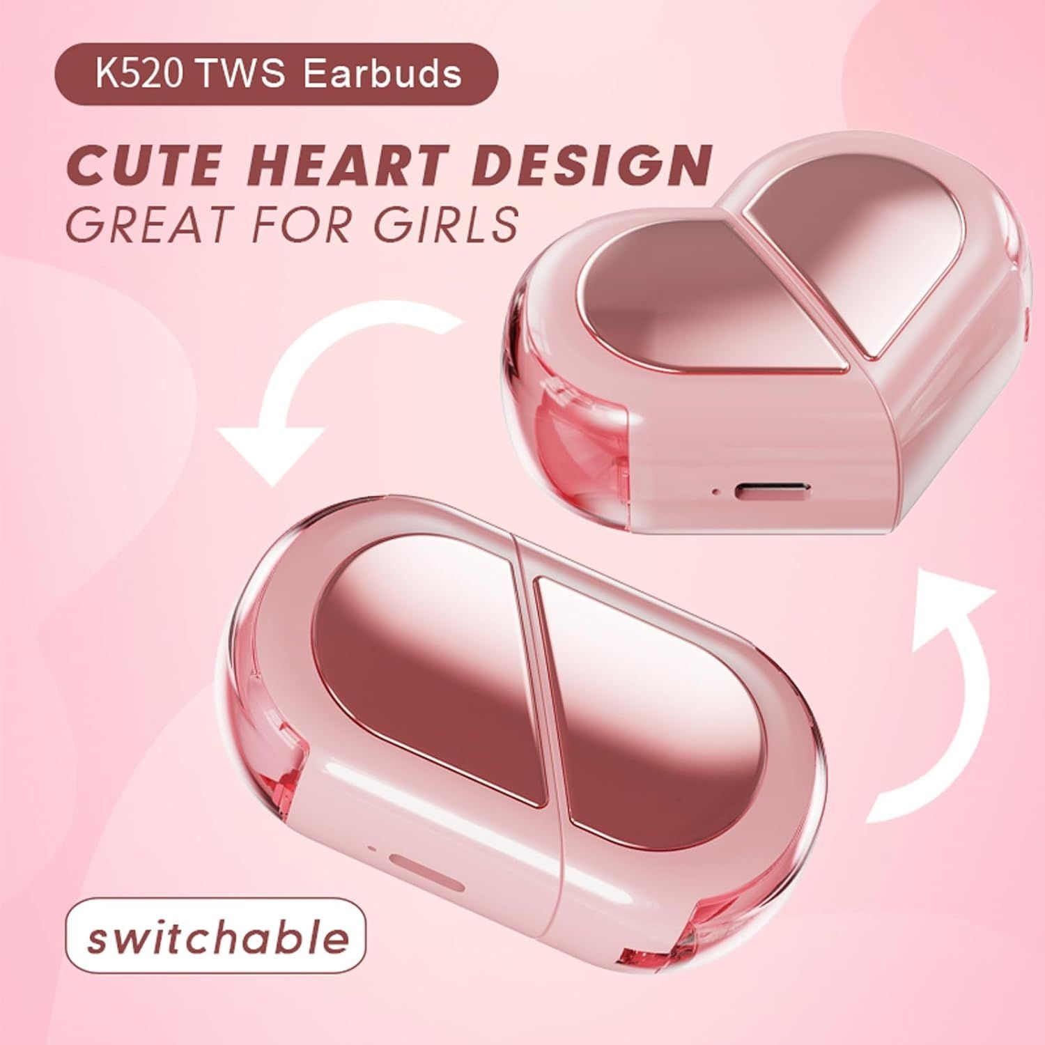 Pink Heart Wireless Earphones | Cute Design • HD Sound • Touch Control